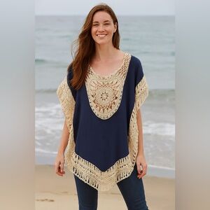 Navy Blue Tunic Top with Crochet Details